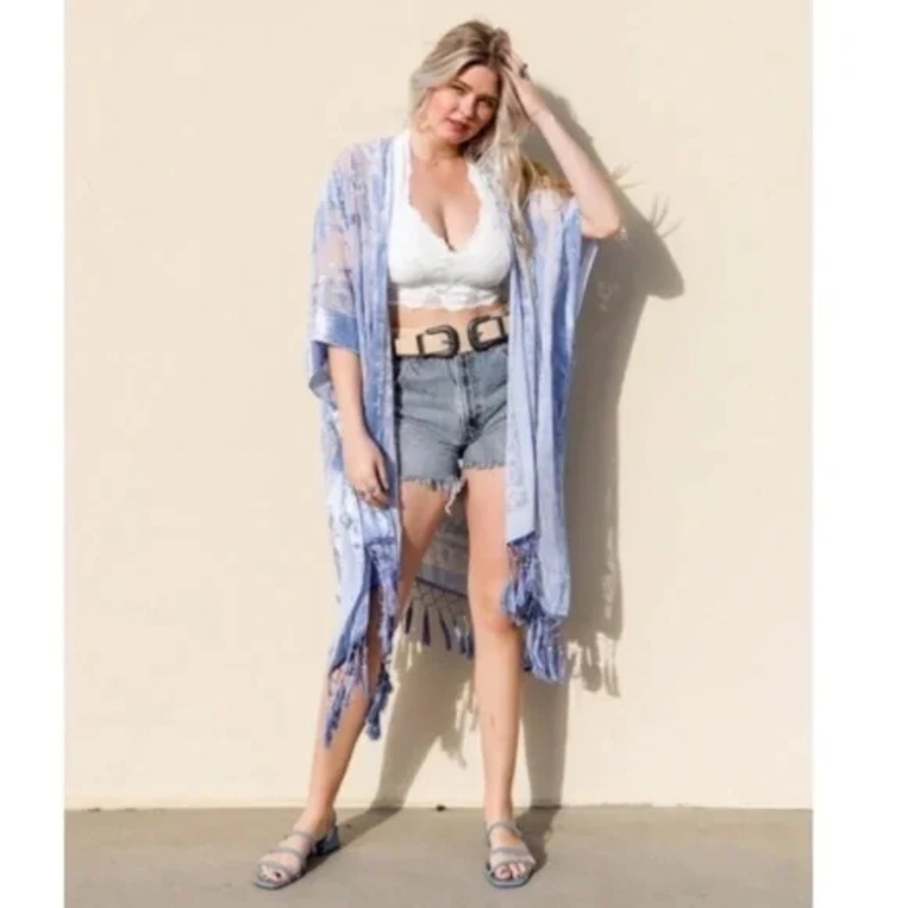 Periwinkle Floral Velvet Burnout Tassel Kimono Open Wrap Coverup Top One Size